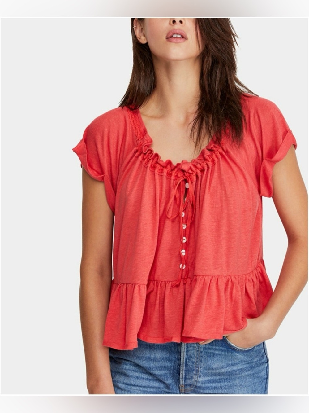 Free People Coral Ruffle Peplum Button-Front Top